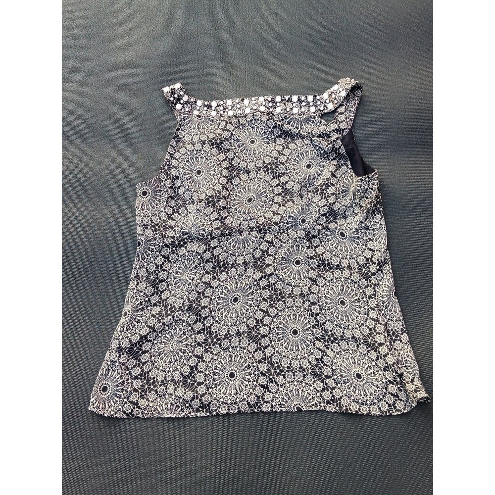 Ann Taylor LOFT Women's Navy Blue White Medallion Beaded Tank Top Size 14 - Picture 6 of 8